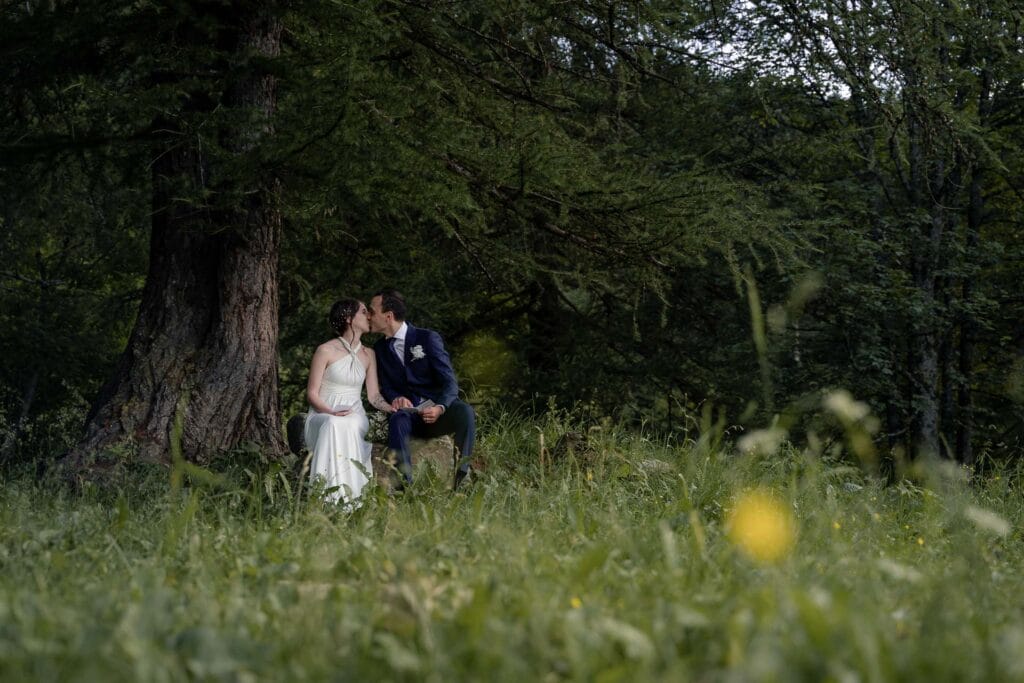 Coppia di sposi durante servizio fotografico di matrimnio, seduti su un tronco, che si bacia mentre sono circondati da tanti alberi e erba alta durante servizio fotografico di matrimonio