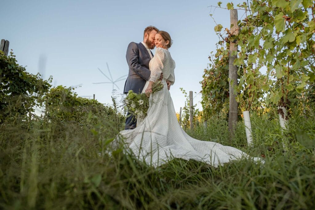 Sposi in mezzo alle vigne durante il servizio fotografico di matrimonio, si abbracciano in mezzo al verde mentre indossano un abito da sposa bianco e un abito da sposo blu, si trovano in località Madonna della Neve (CESSOLE) Alessandria