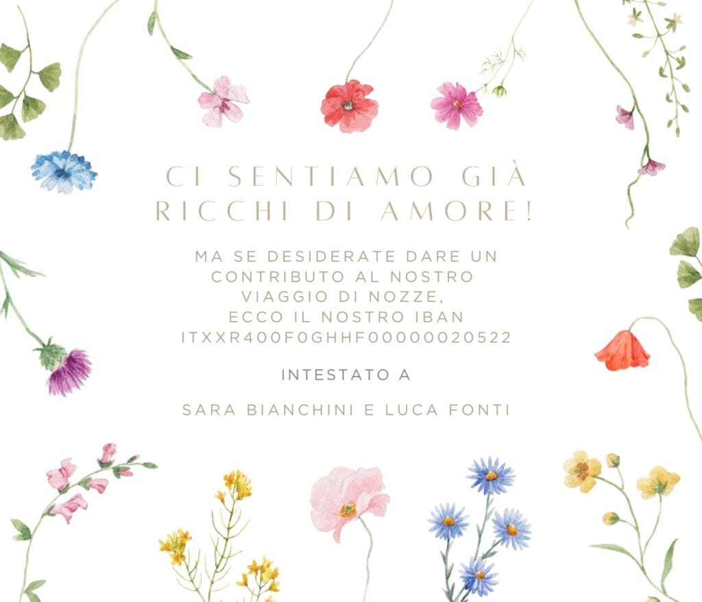 Foto di esempio di partecipazione di matirmonio che riposta iban degli sposi in stile moderno con decorazioni floreali che contiene nomi degli sposi, luogo e data della cerimonia con invito a rispondere