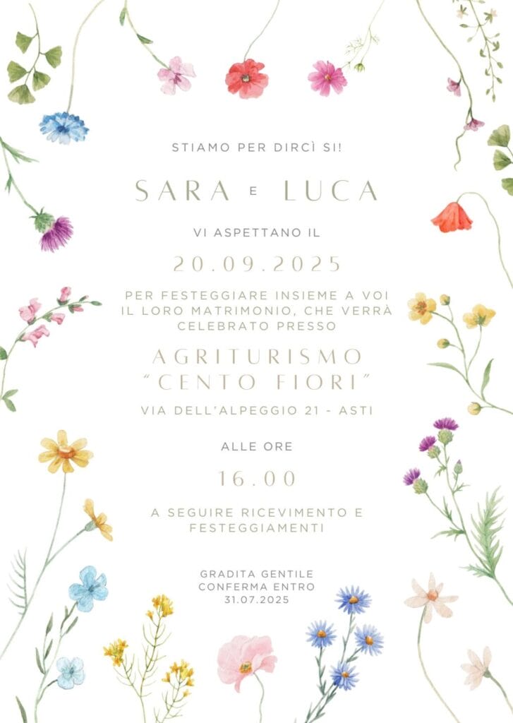 Foto di esempio di partecipazione di matirmonio in stile moderno con decorazioni floreali che contiene nomi degli sposi, luogo e data della cerimonia con invito a rispondere