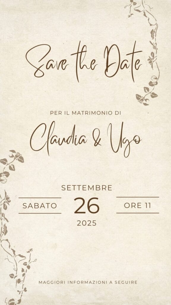 Save the date di esempio con i nomi della coppia scritti in corsivo, claudia e ugo, su una base simile alla pergamena, che recita la data del 26 settembre da tenere libera per il matirmonio, è un esempio di partecipazione di matrimonio